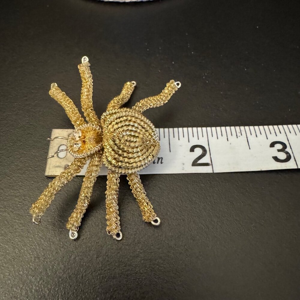 Gold-Tone Handmade Wire Spider Brooch With Rhinestone Accents - Picture 13 of 14